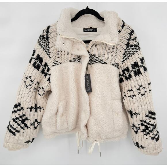NWT Blank NYC Feeling Cozy Sherpa Sweater Jacket Cream Black Size L - Picture 1 of 13